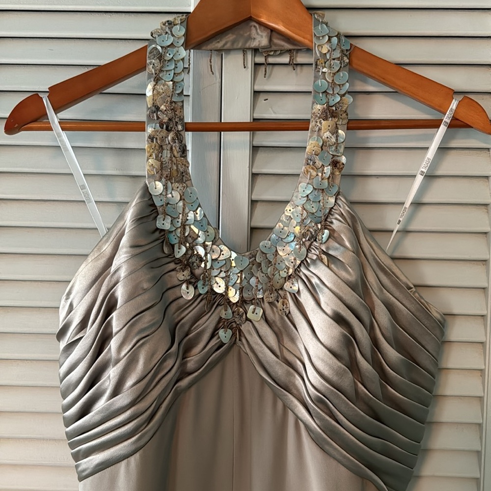 Tadasha brand full length split in front Taupe color formal gown. Size 14 - Picture 2 of 10